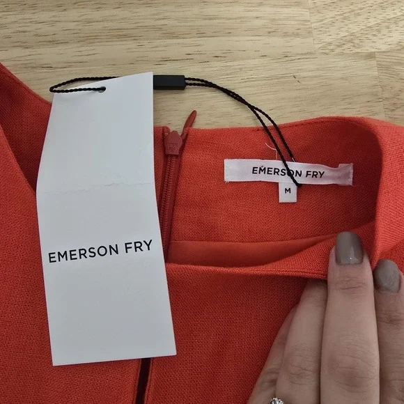 Emerson Fry Dress Womens Medium Red Linen Shift Short Sleeve Keyhole Made in USA